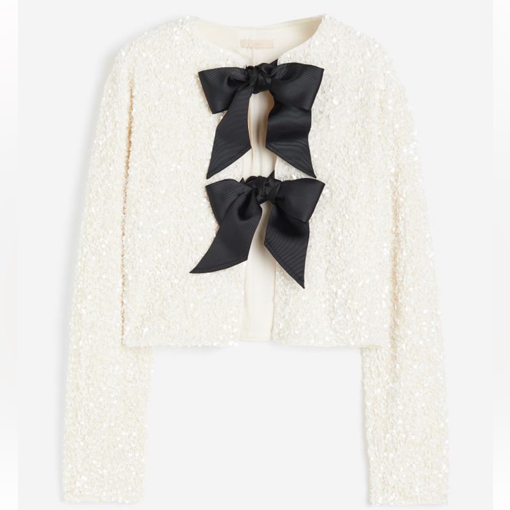 H&M Tie Front Sequined Jacket in White Sequins with Black Bows NWT Size M